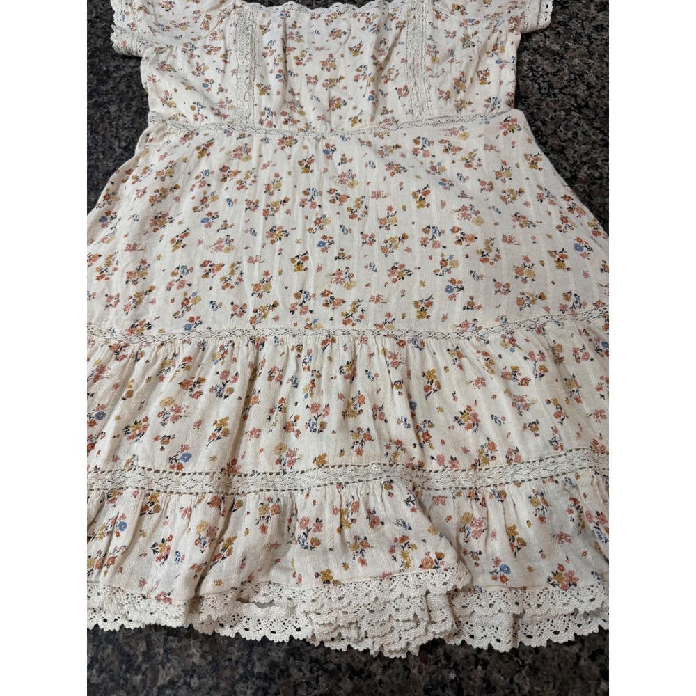 American Eagle Ditsy Floral Lace Trim Tiered Mini Dress Cream Womens Large - Picture 4 of 10